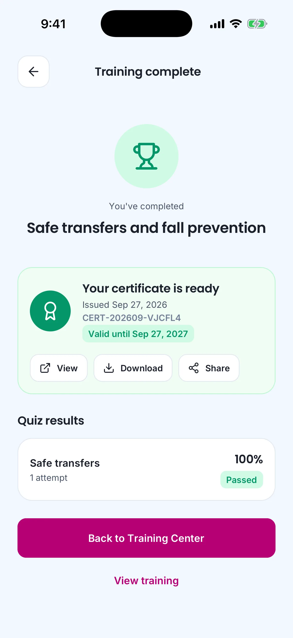 The completion screen on the phone: the training's name, the certificate ready with its number and validity, View, Download and Share, and the quiz results