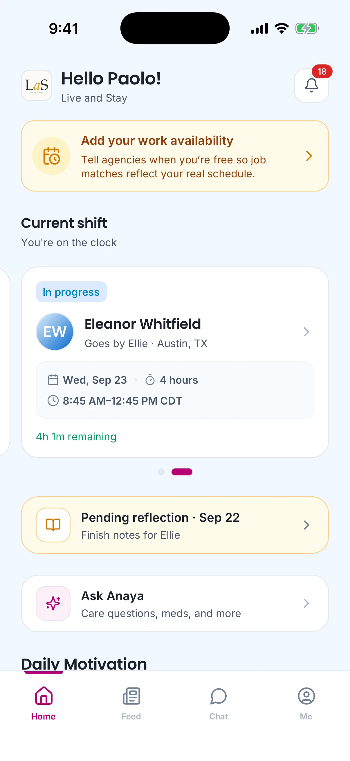 The care provider's Home tab during a shift: the current shift, a pending reflection and Ask Anaya