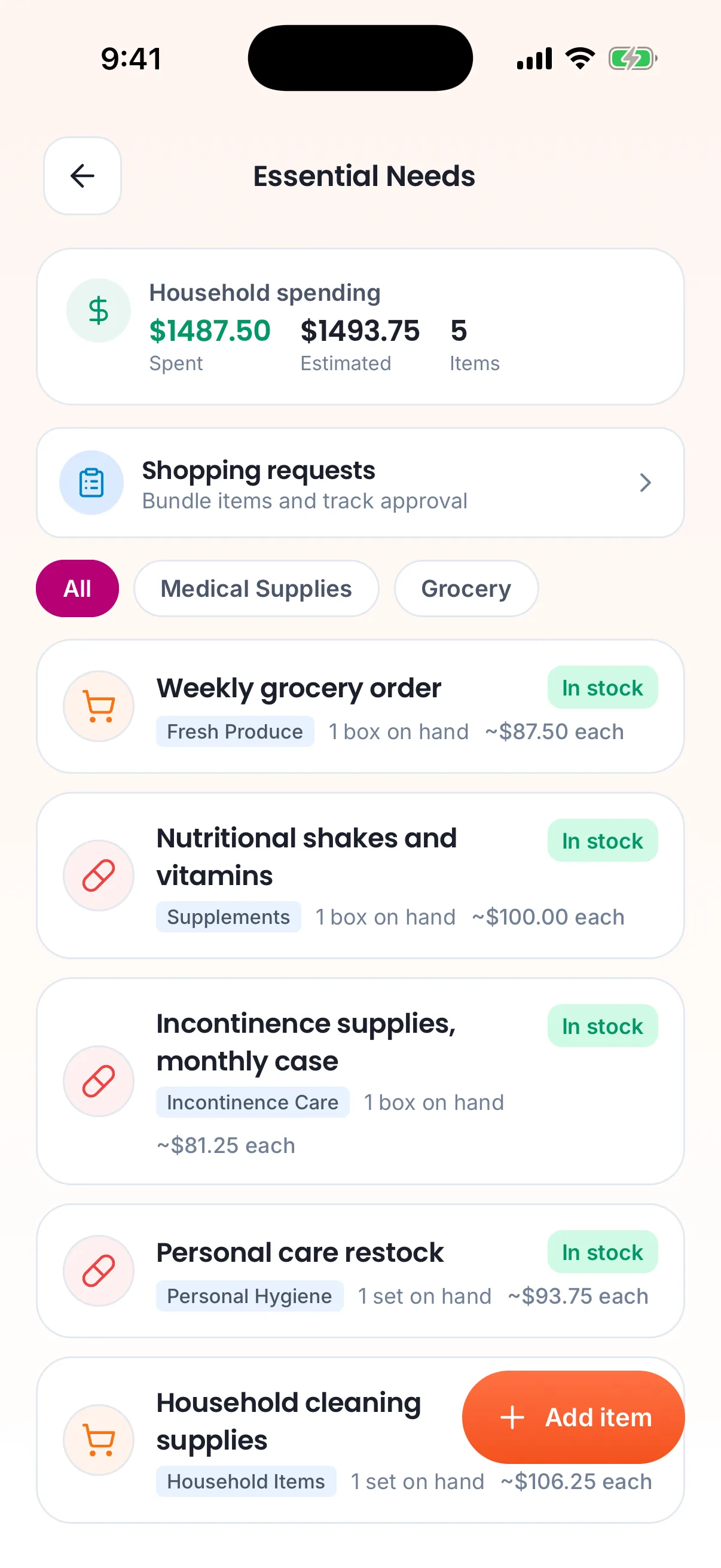 Essential Needs on the phone: household spending, items and what is on hand