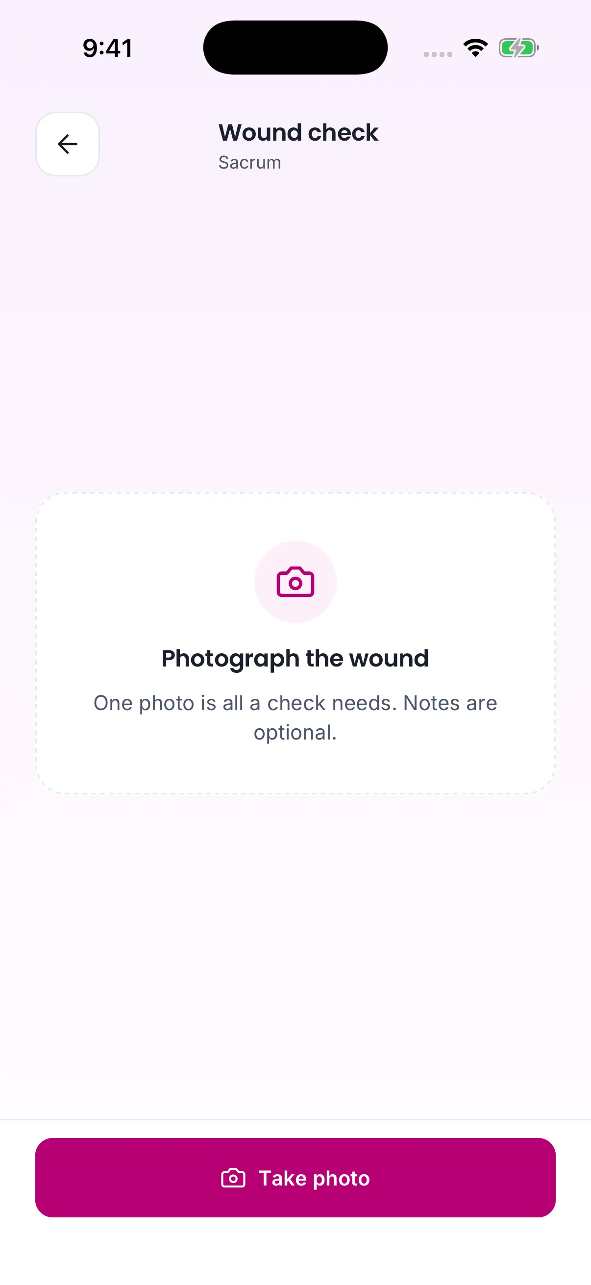 Wound check on the phone: Photograph the wound, one photo is all a check needs, and Take photo