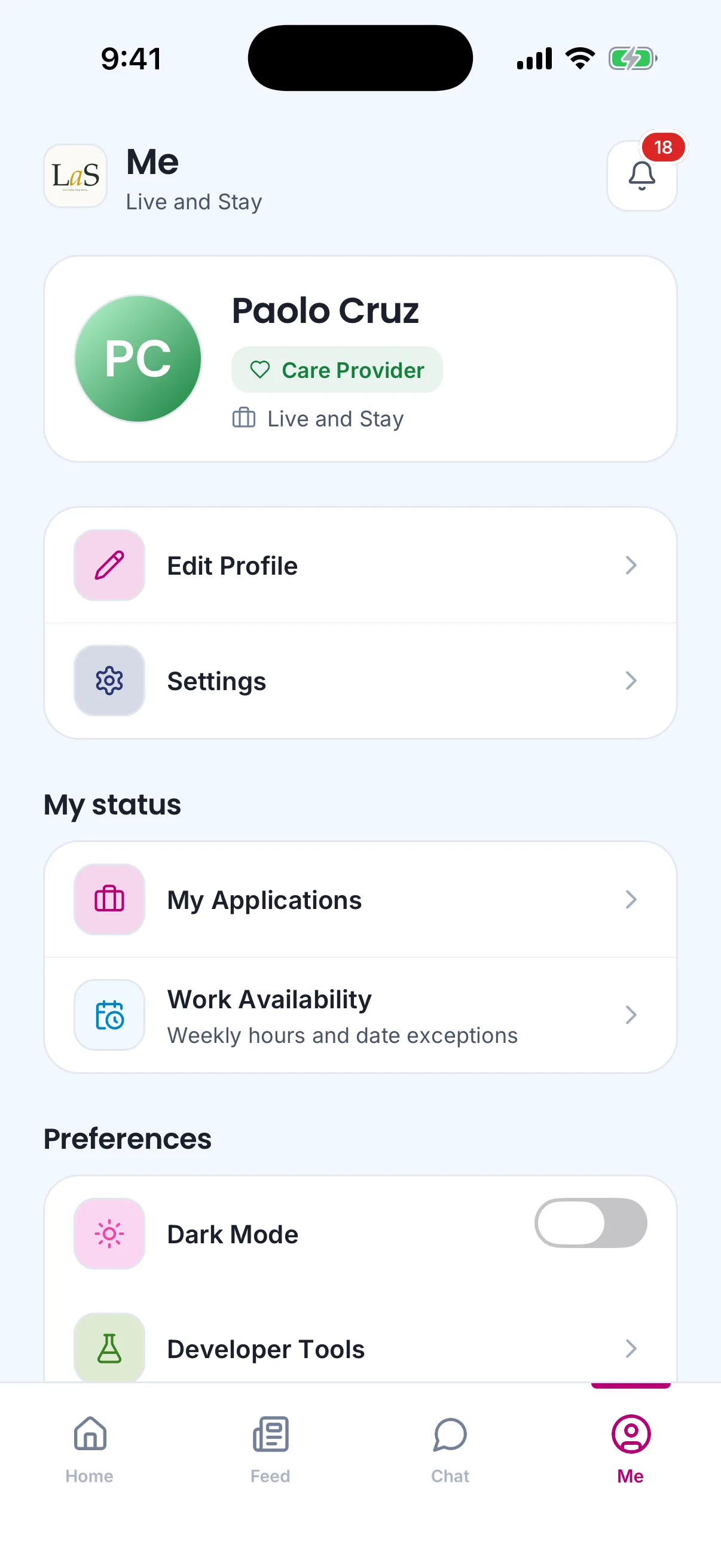 The Me tab on the phone: profile, settings, applications and availability