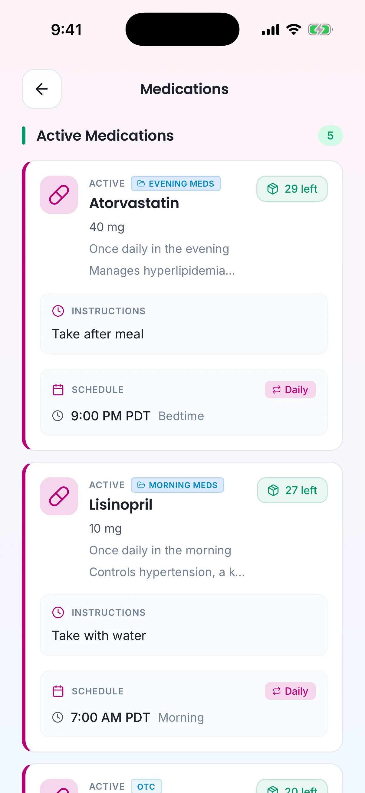 Active medications on the phone, each with its instructions and schedule