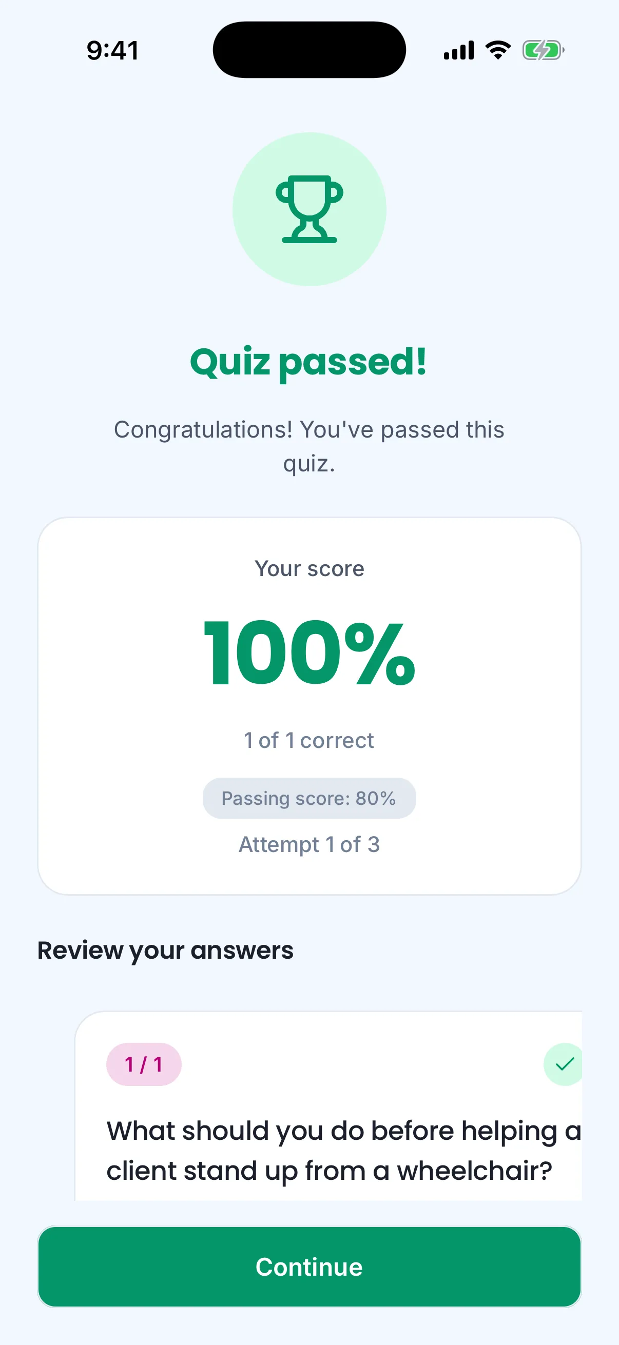 The graded quiz on the phone: Quiz passed, the score, the passing score, the attempt, and the answers to review