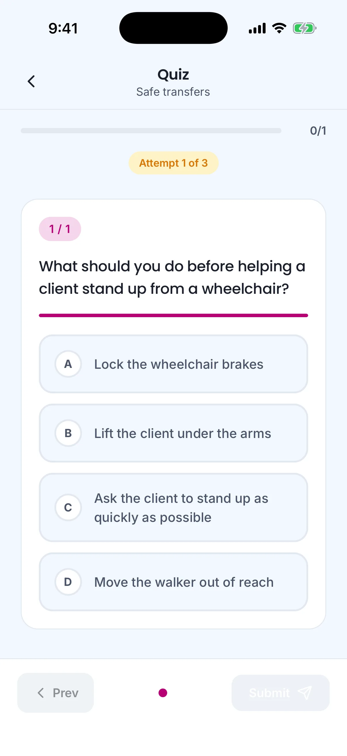 The quiz on the phone: one question with four choices, the attempt count, and Submit