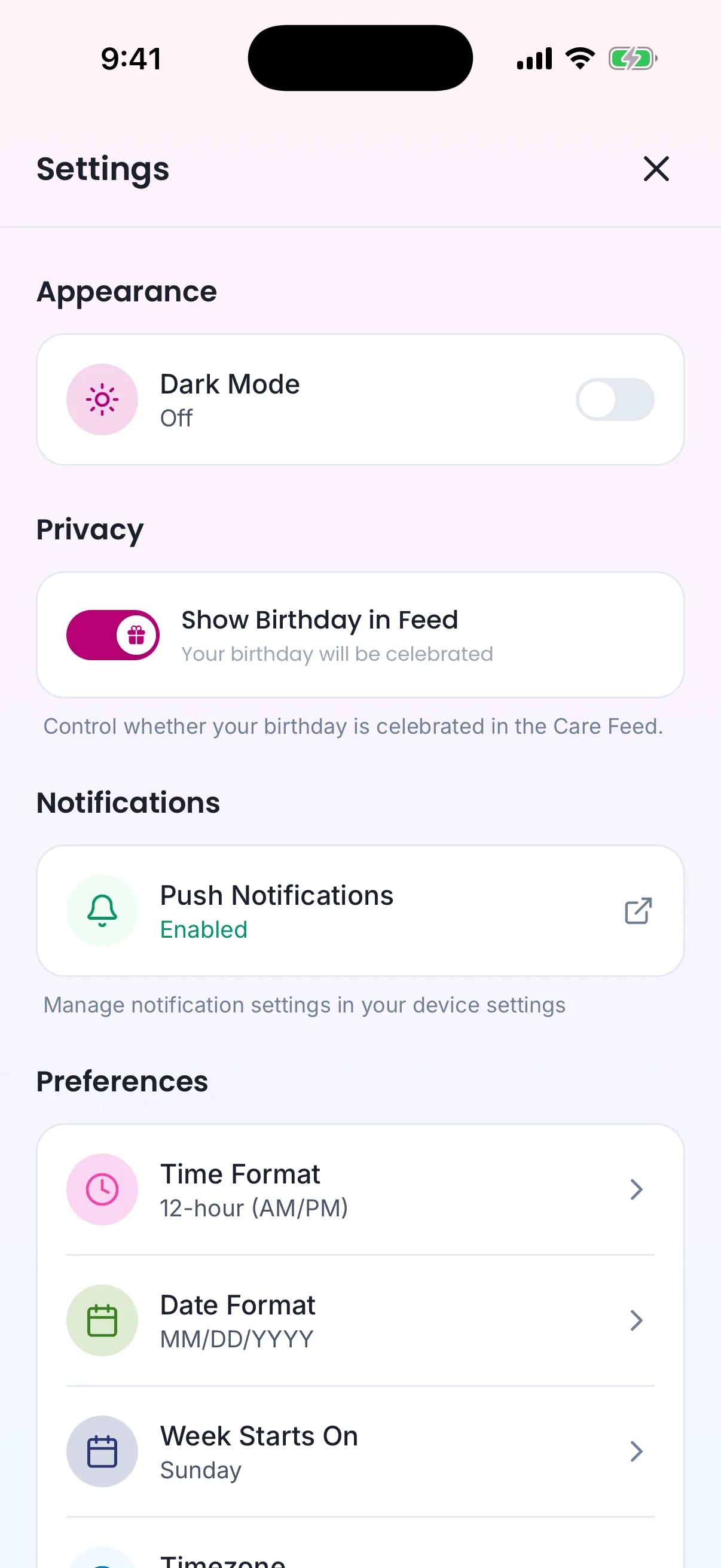 The phone's Settings: Dark Mode, privacy, notifications and preferences