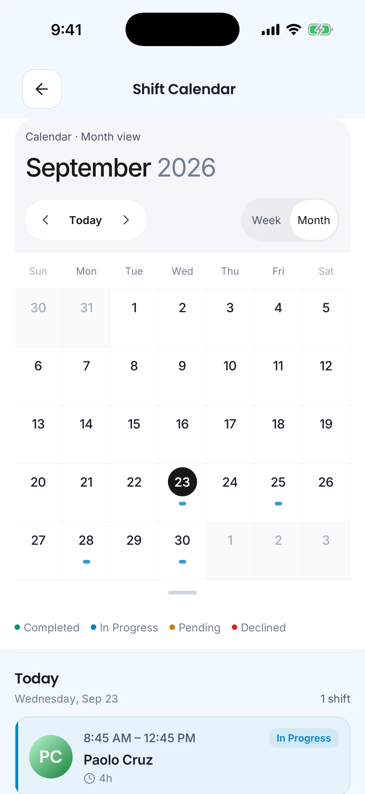 The shift calendar on the phone: the month's shifts and today's shift in progress