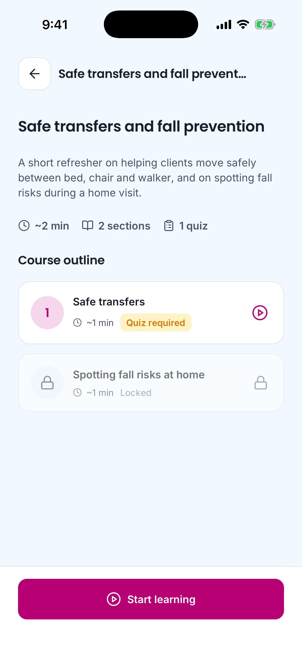 A training's page on the phone: description, estimated time, the course outline with the first section open and the second locked, and Start learning