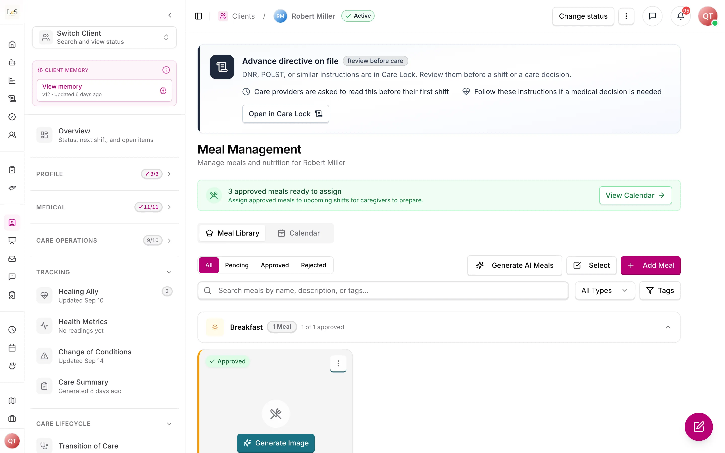 Meal Management: the meal library and approved meals ready to assign