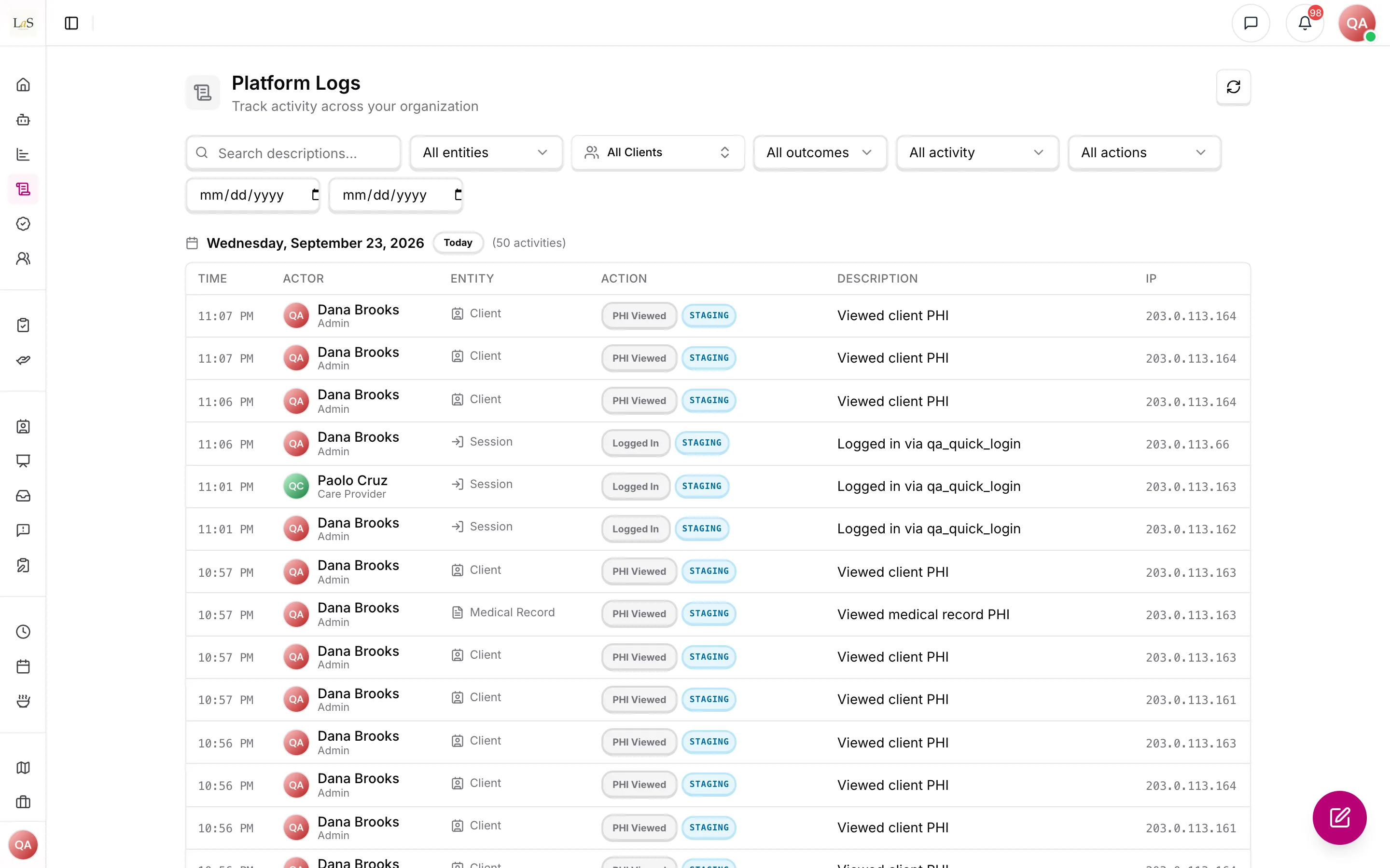 Platform Logs: who viewed or changed what, when, and from which address