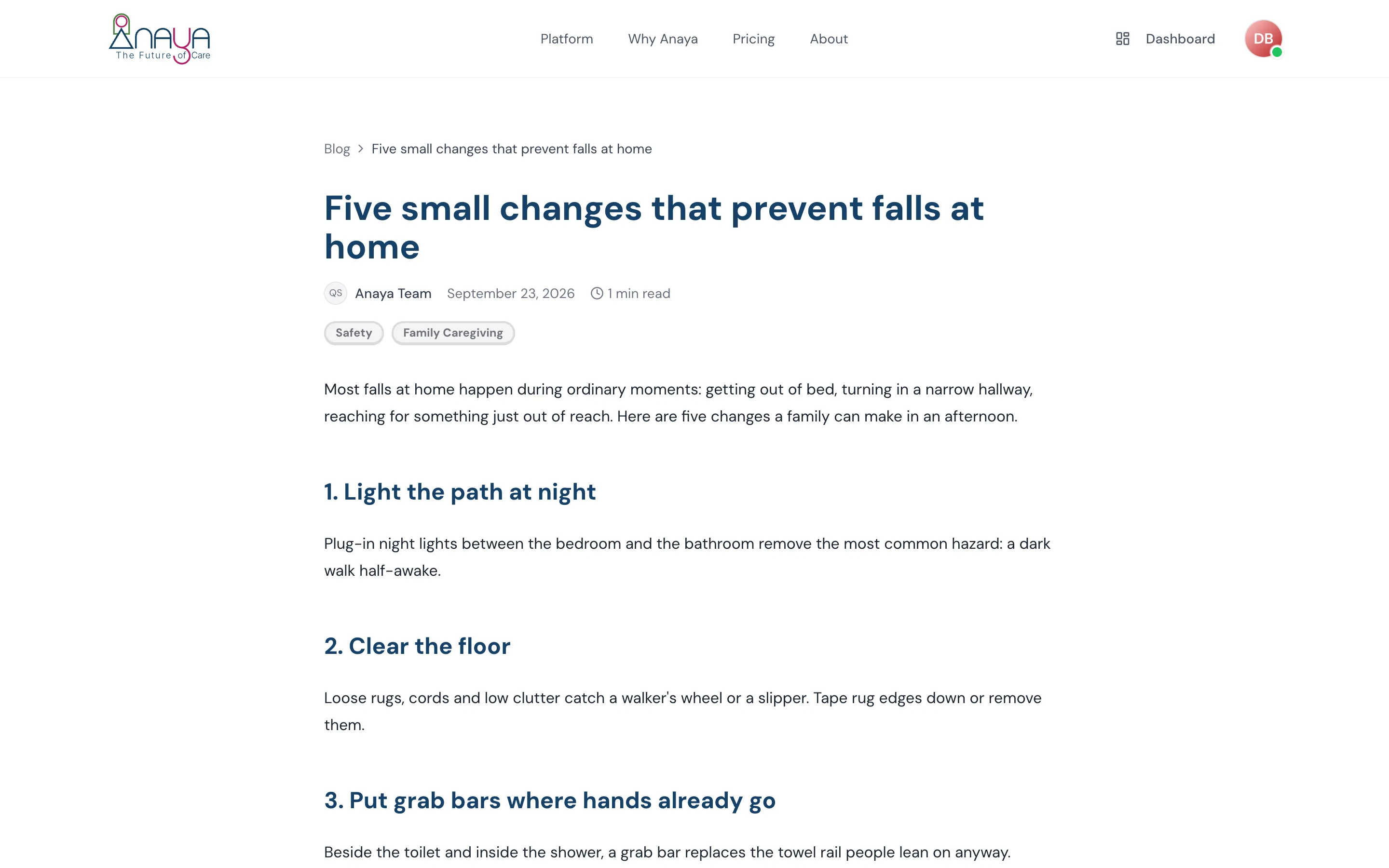 A published blog article on the public site, with its tags and reading time