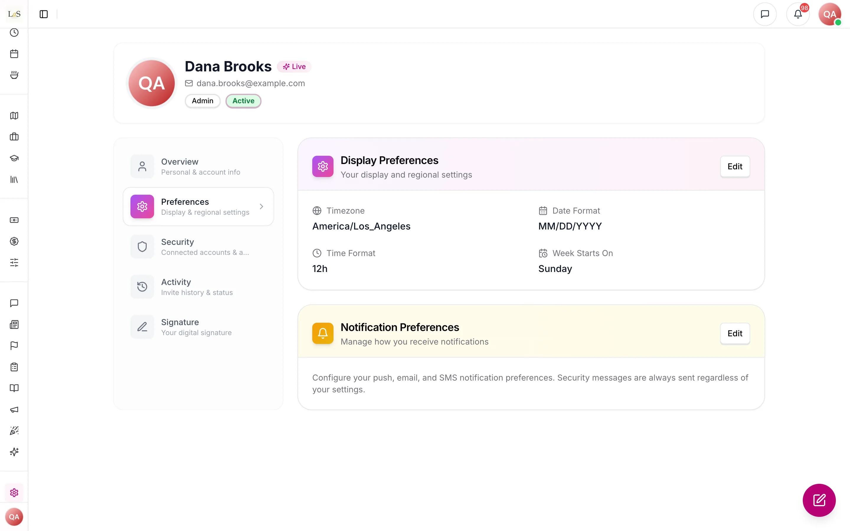 Display Preferences on the dashboard: timezone, date format, time format and week start