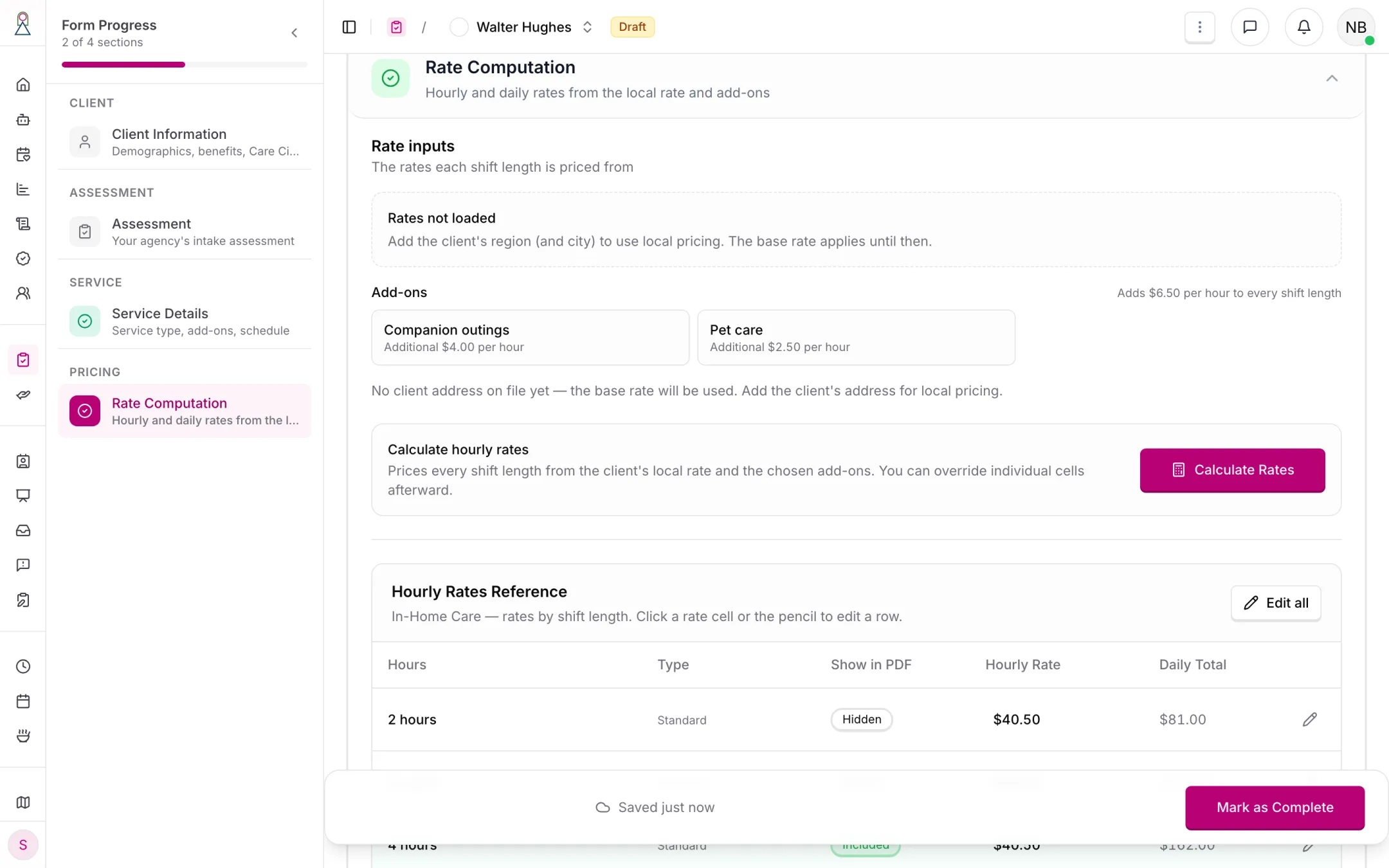 Rate Computation: two add-ons adding $6.50 an hour, and the hourly rate for each shift length