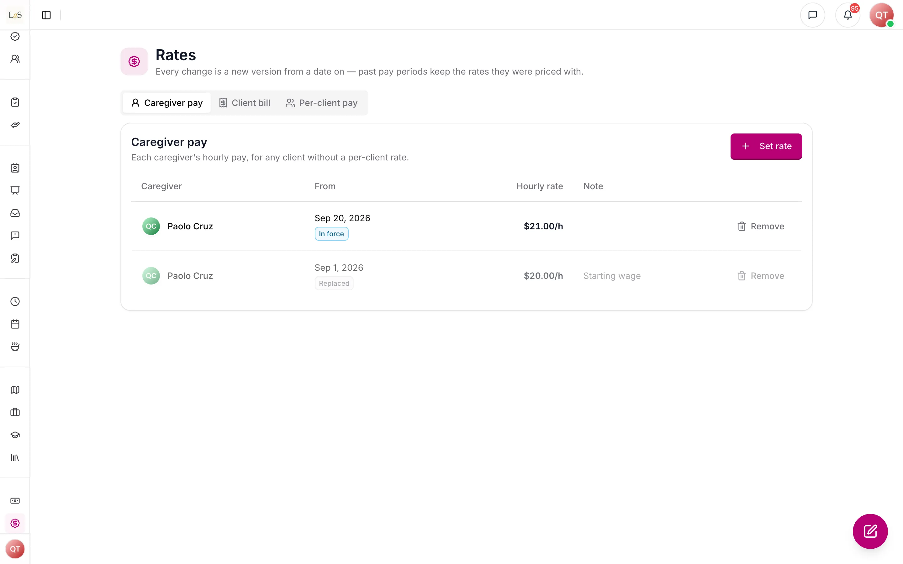 Caregiver pay rates, each change a new version from a date