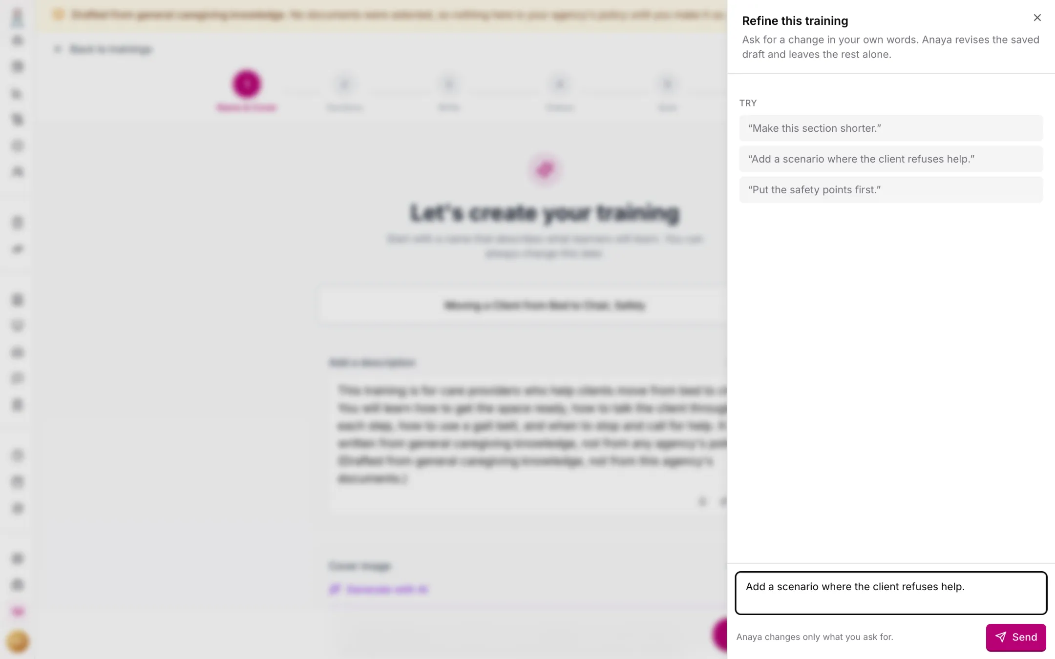 The Refine panel open beside the editor, with three example requests and a box to ask for a change