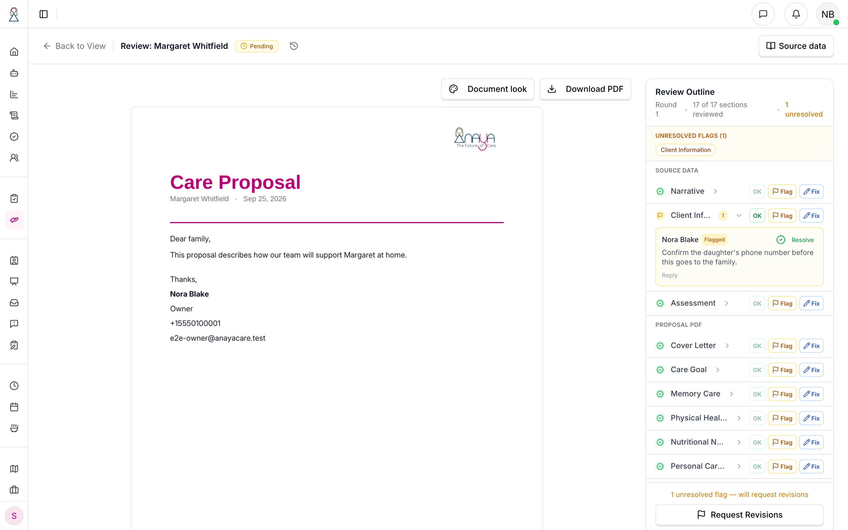 Every section reviewed, with Request Revisions offered because one is flagged