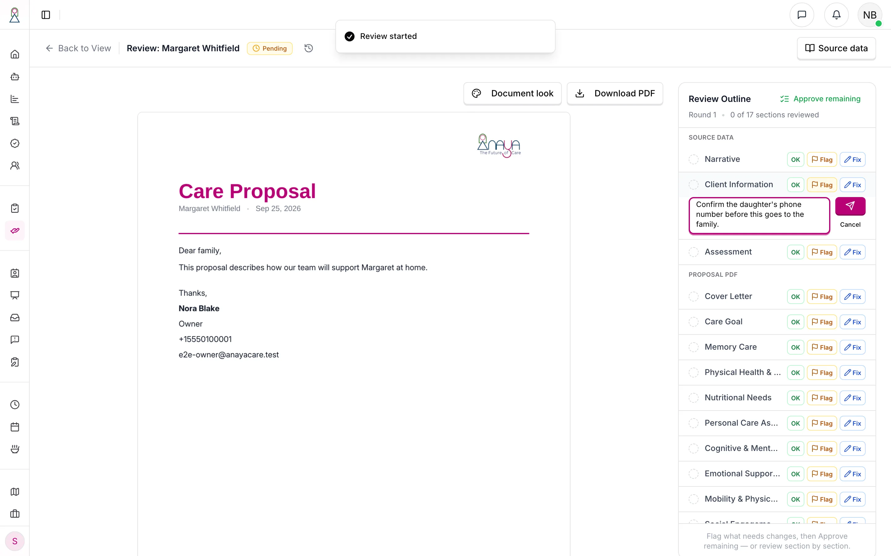 A reviewer's flag on Client Information, with a comment