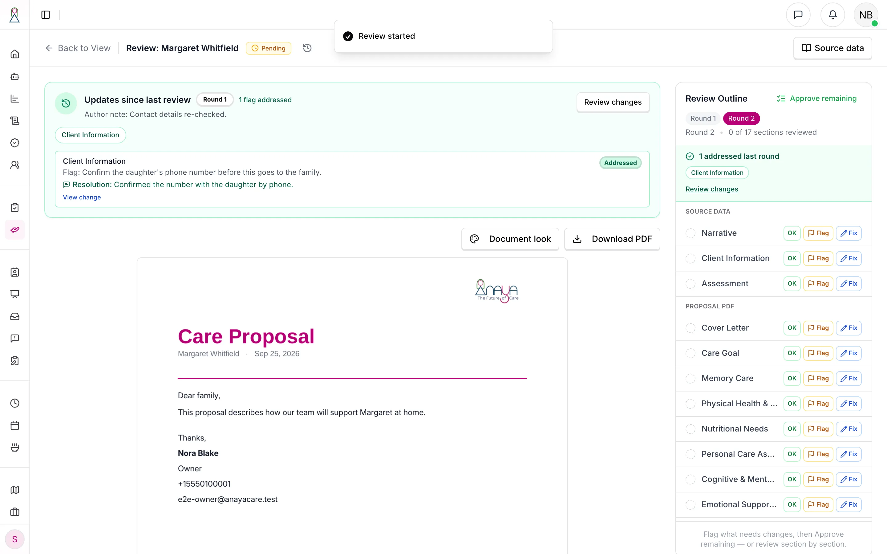 The re-review page with Updates since last review listing the addressed flag