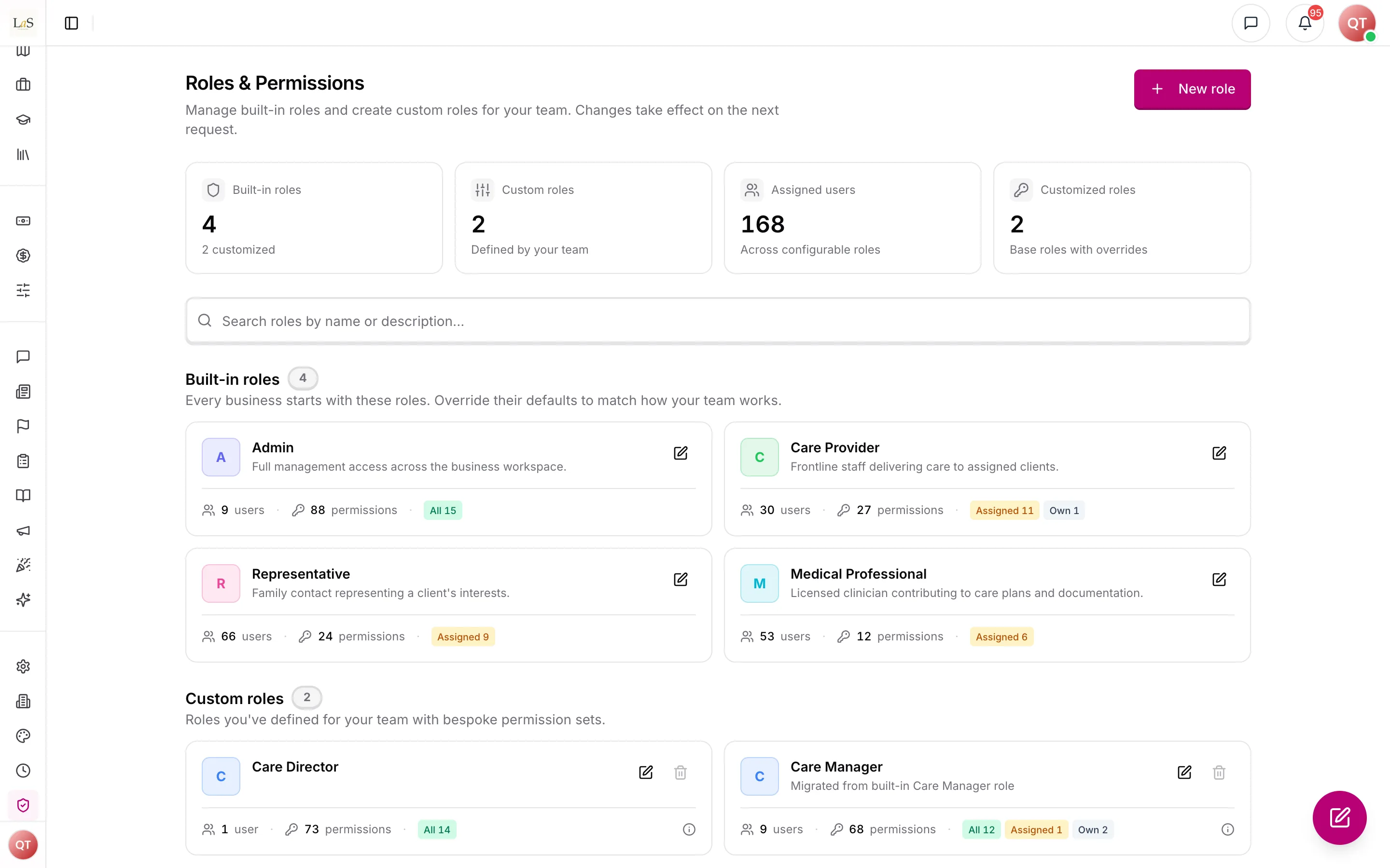 Roles & Permissions: built-in roles with overrides, and custom roles
