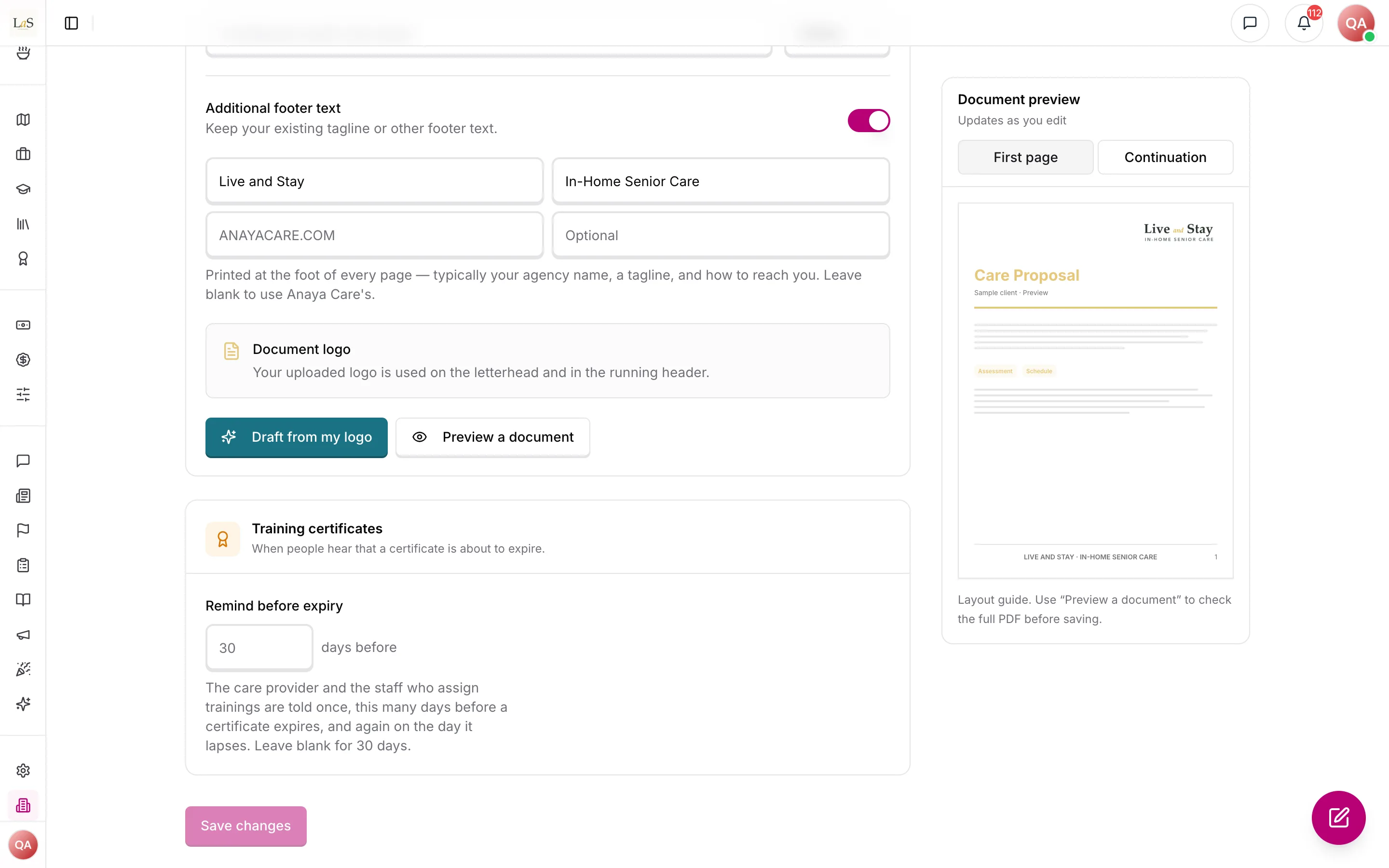 Settings, Business: the Training certificates block with the number of days before expiry to remind people