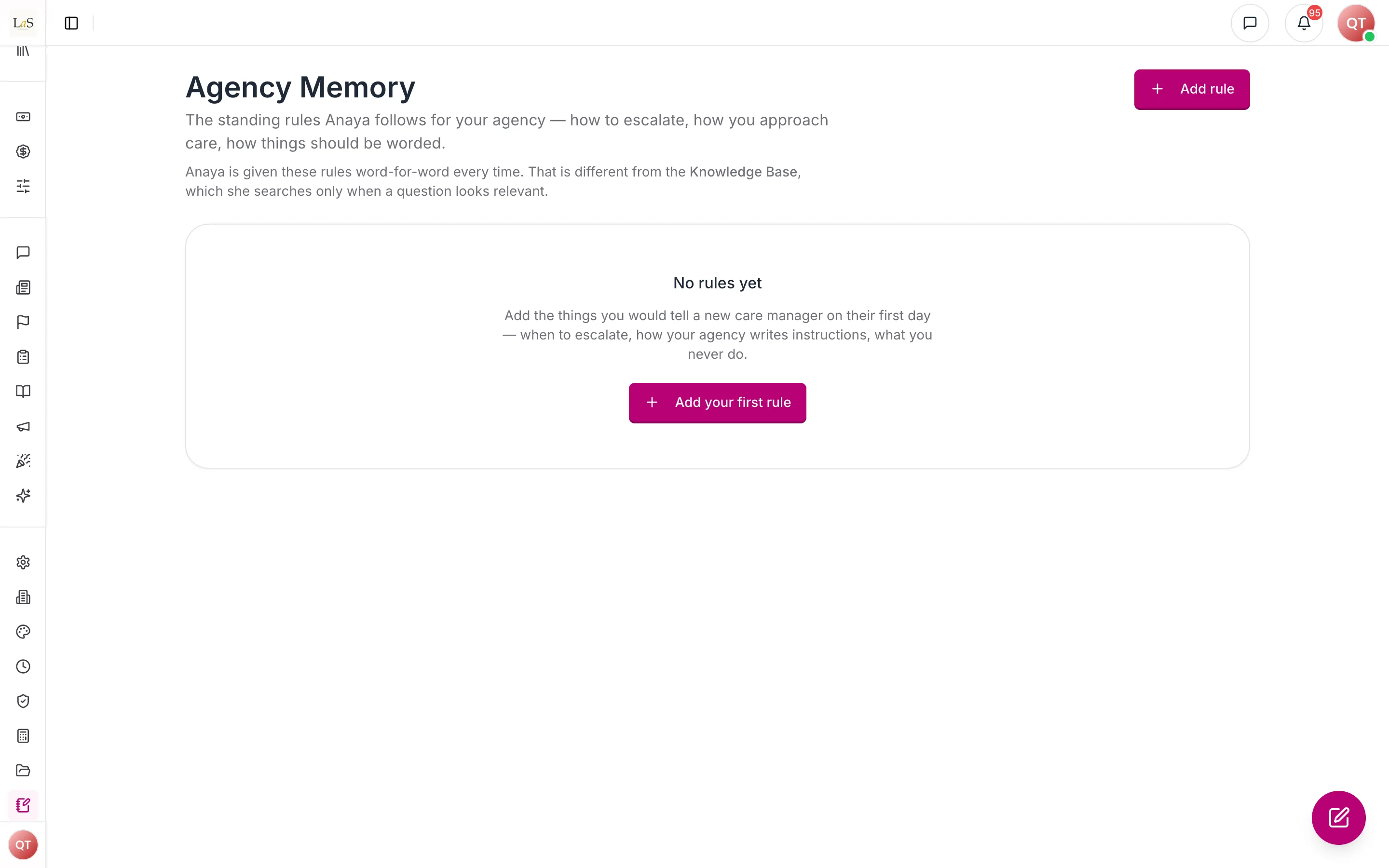 Agency Memory before any rule is written, explaining how rules differ from the Knowledge Base