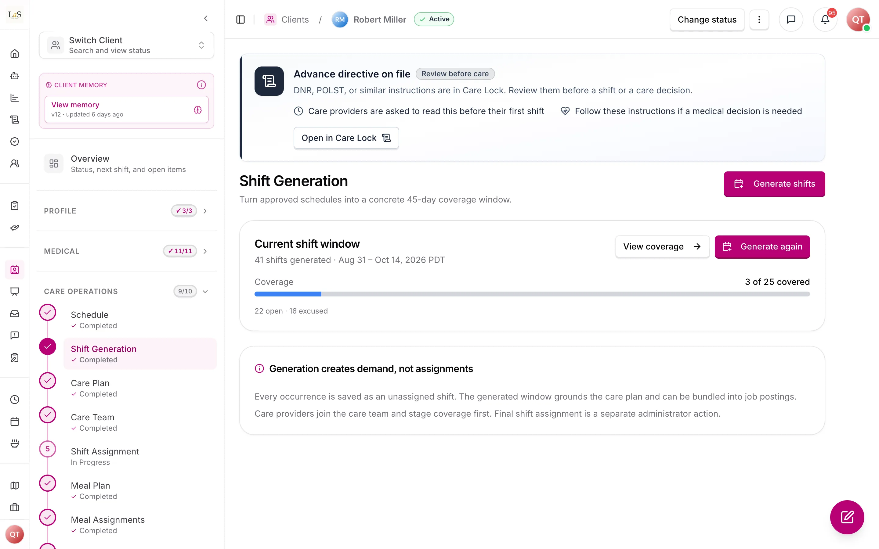 The Care Operations steps beside Shift Generation, with the current coverage window