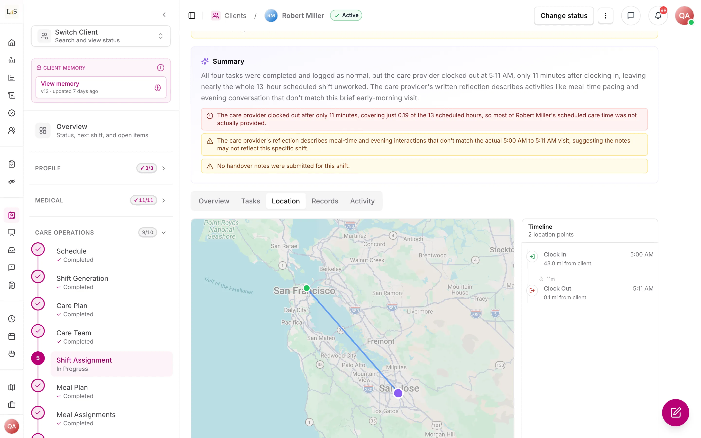 A shift's Location tab: the client's home, the clock-in and clock-out points, and a timeline
