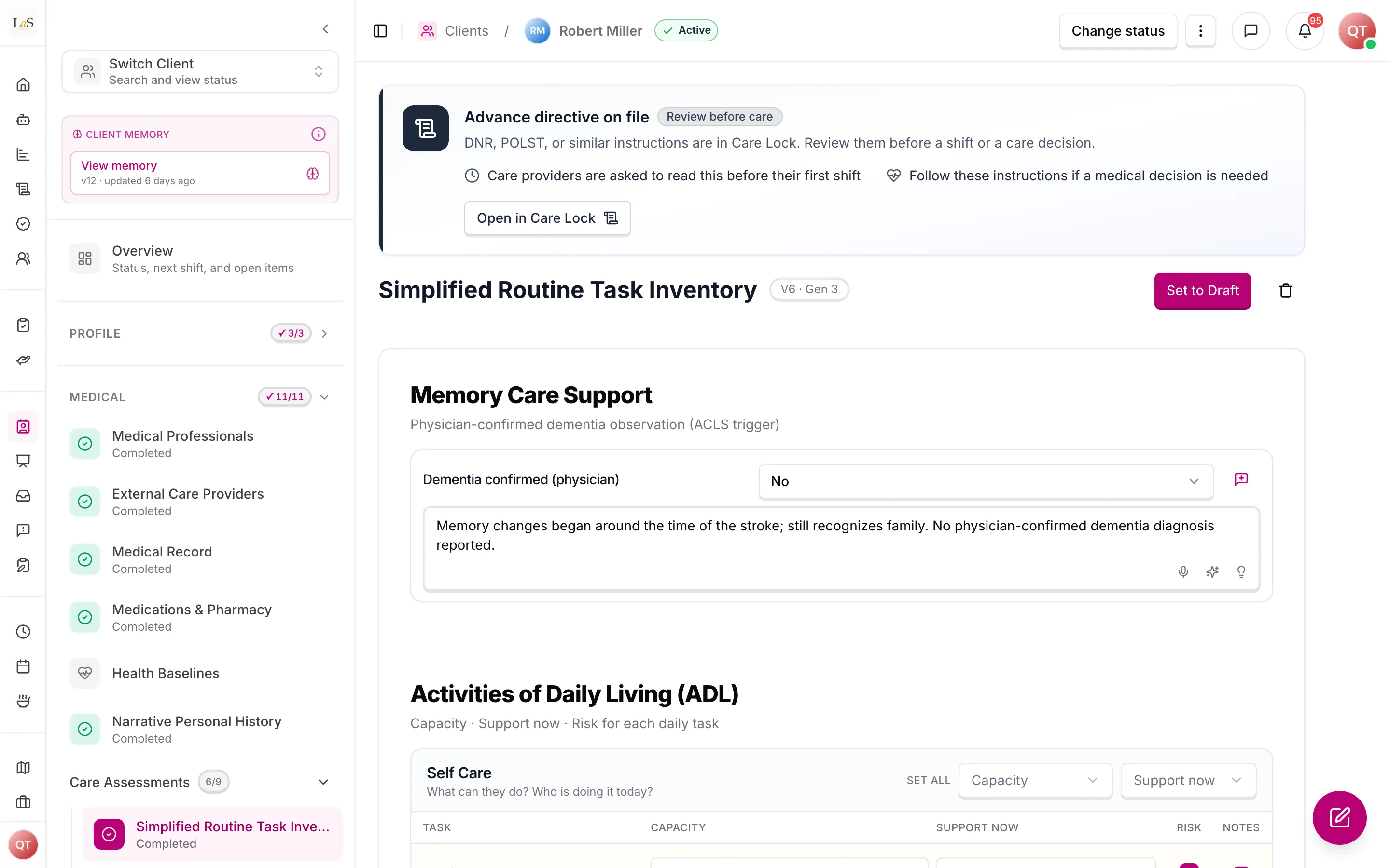The Simplified Routine Task Inventory with Memory Care Support and Activities of Daily Living