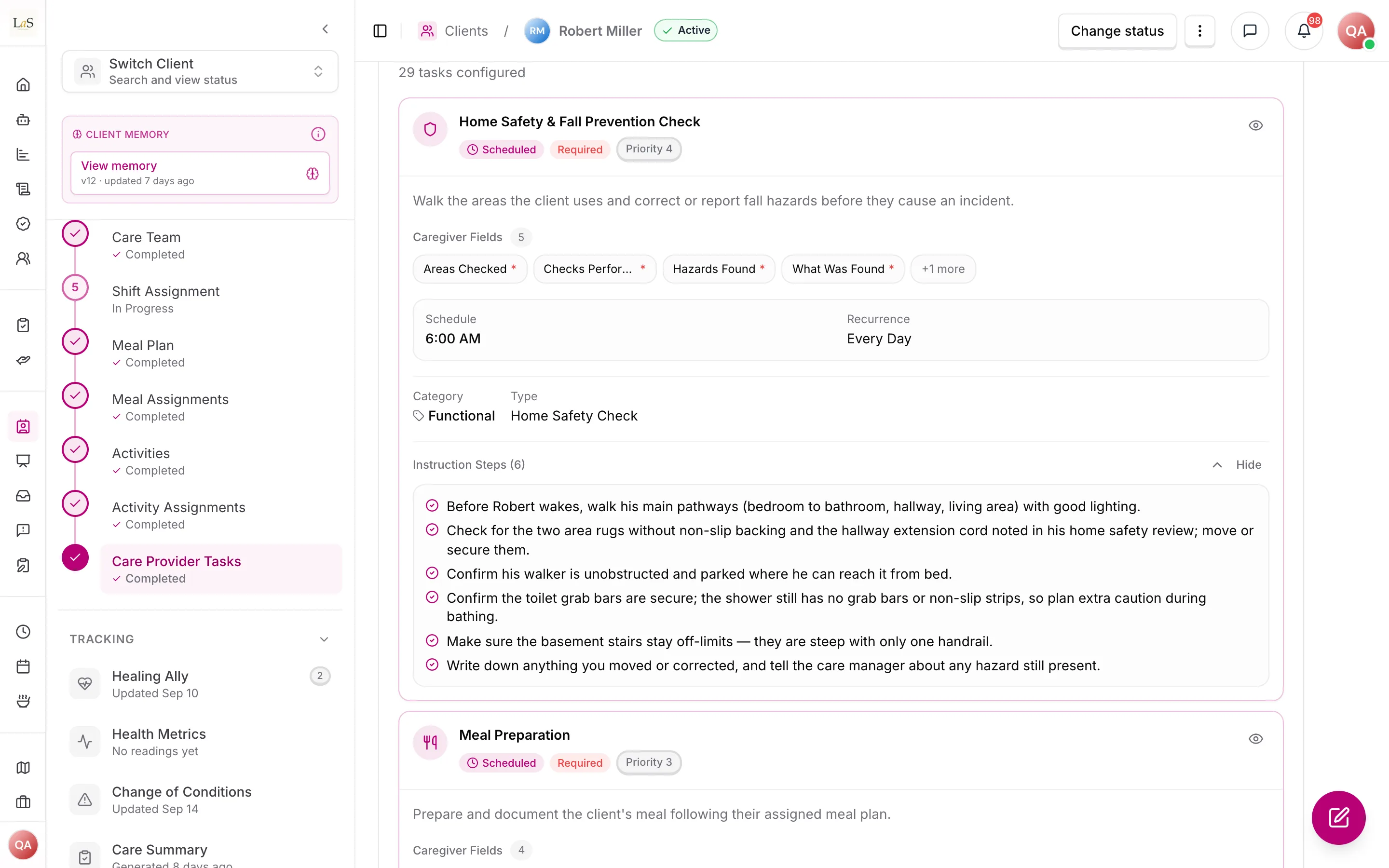 A client's care provider task list with one task's six instruction steps open