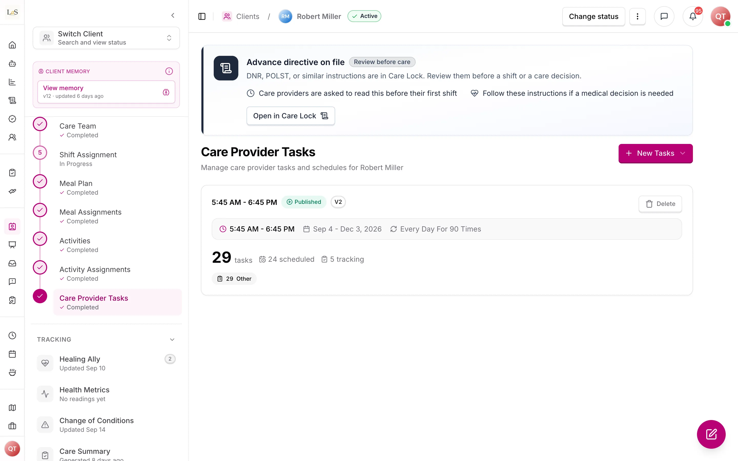 A published care task list: its window, repeat pattern and task count