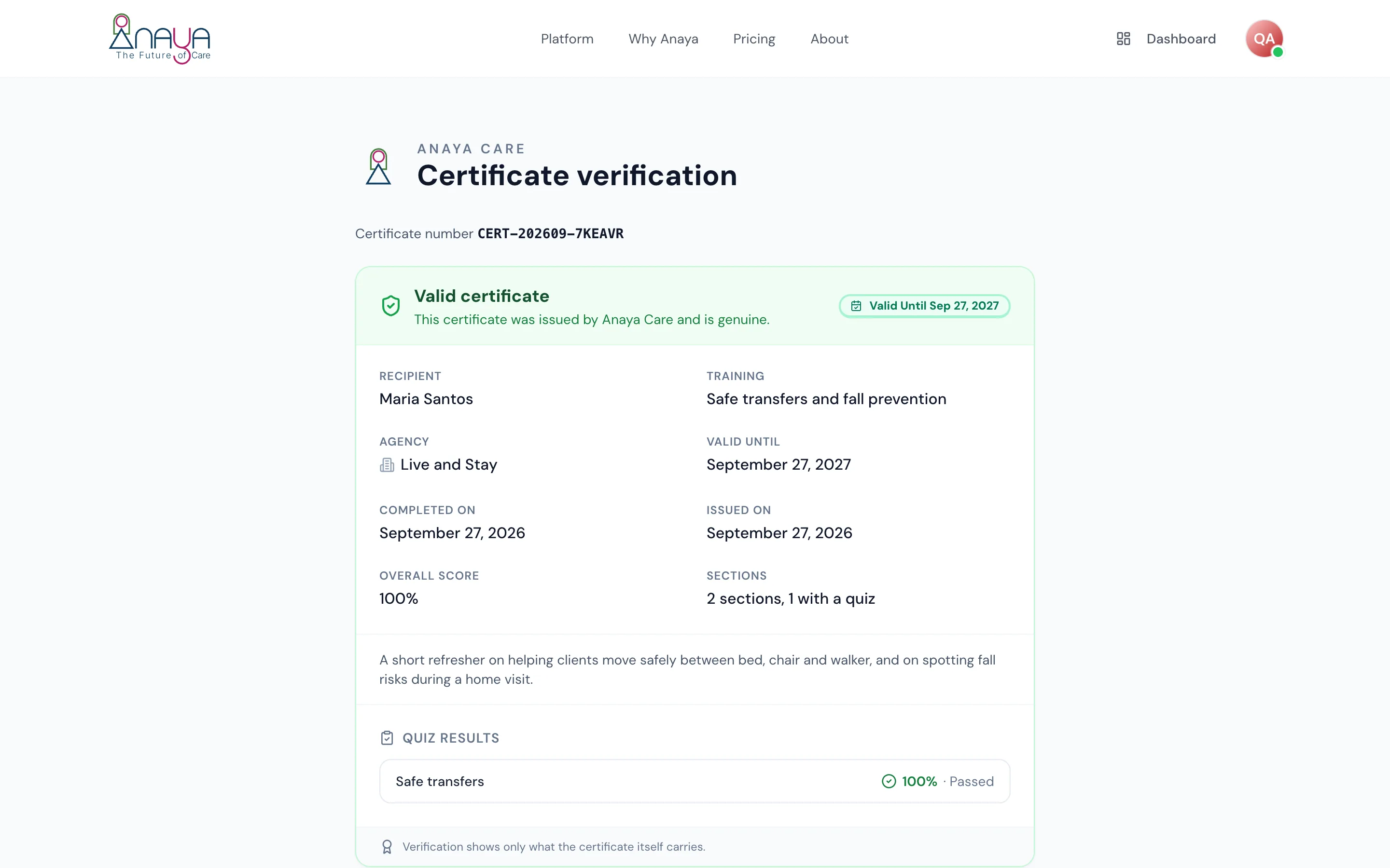The public verification page for a certificate: valid, the recipient, training, agency, completion and issue dates, score and quiz results