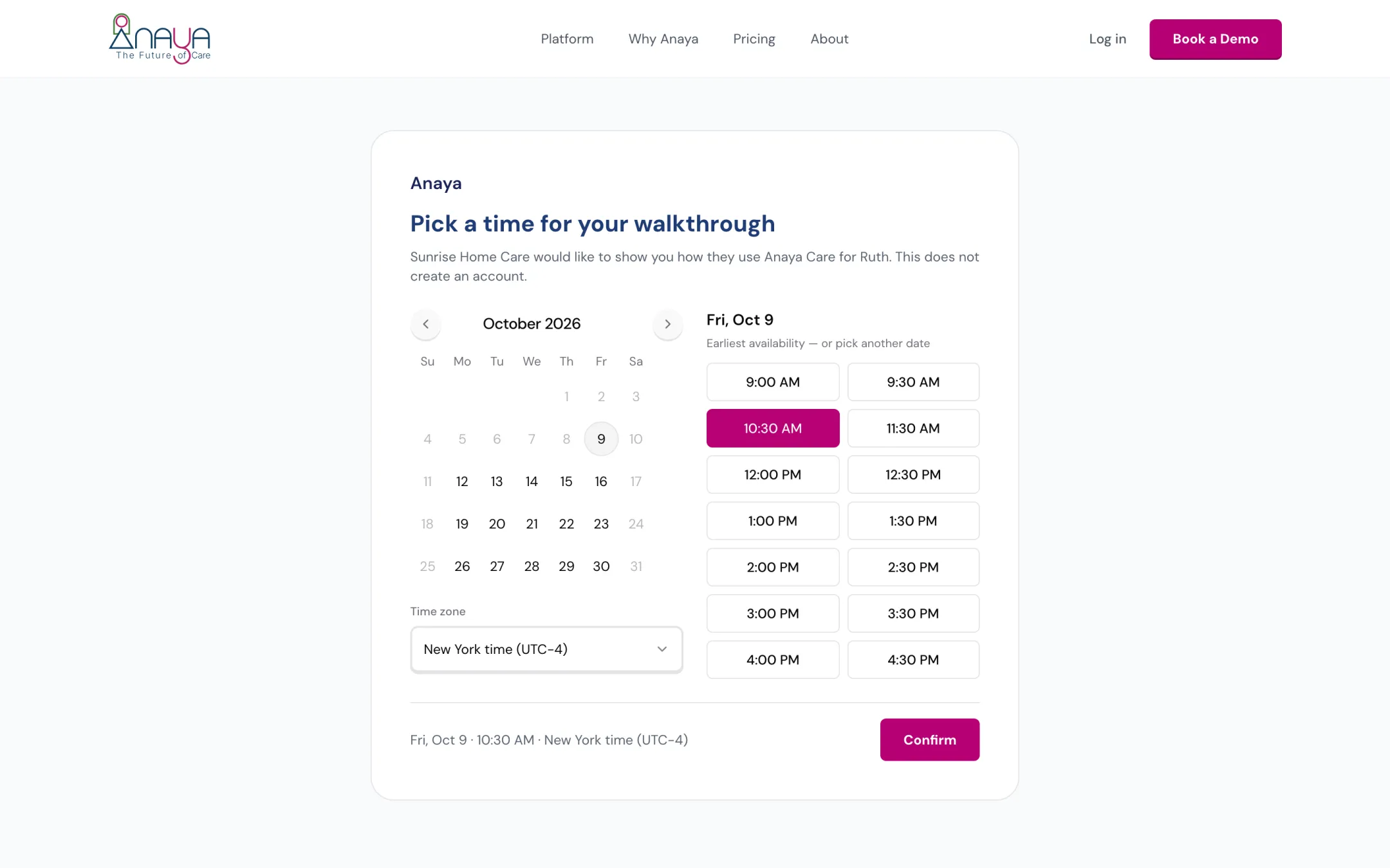 The booking page a guest opens without signing in: a calendar of weekday times in the client's time zone