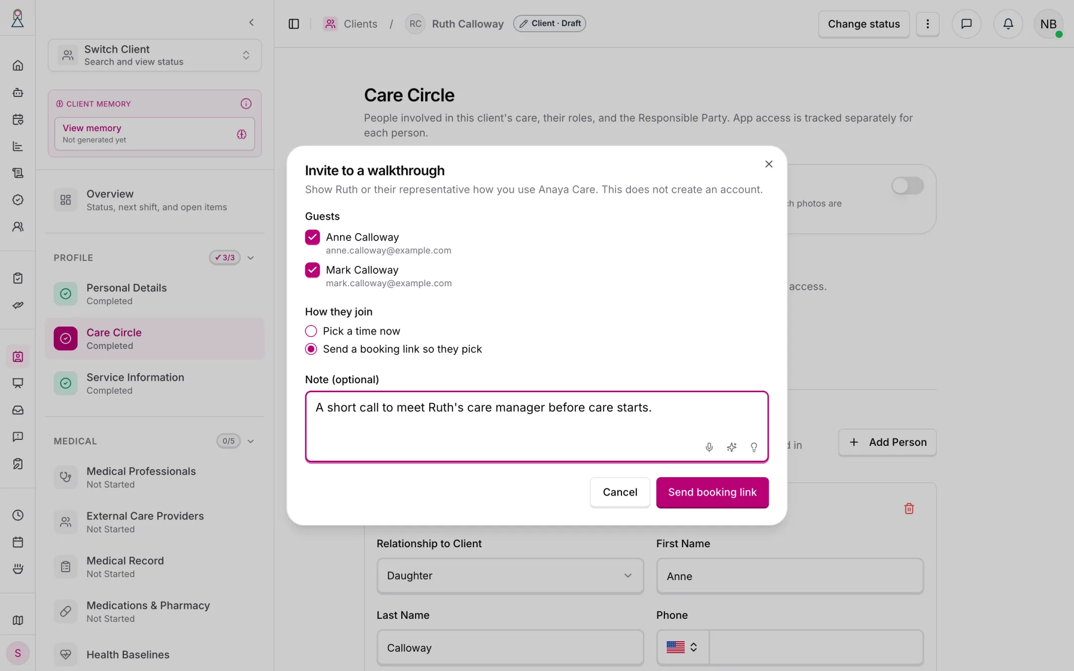 Invite to a walkthrough from the Care Circle: two family members ticked and Send a booking link so they pick