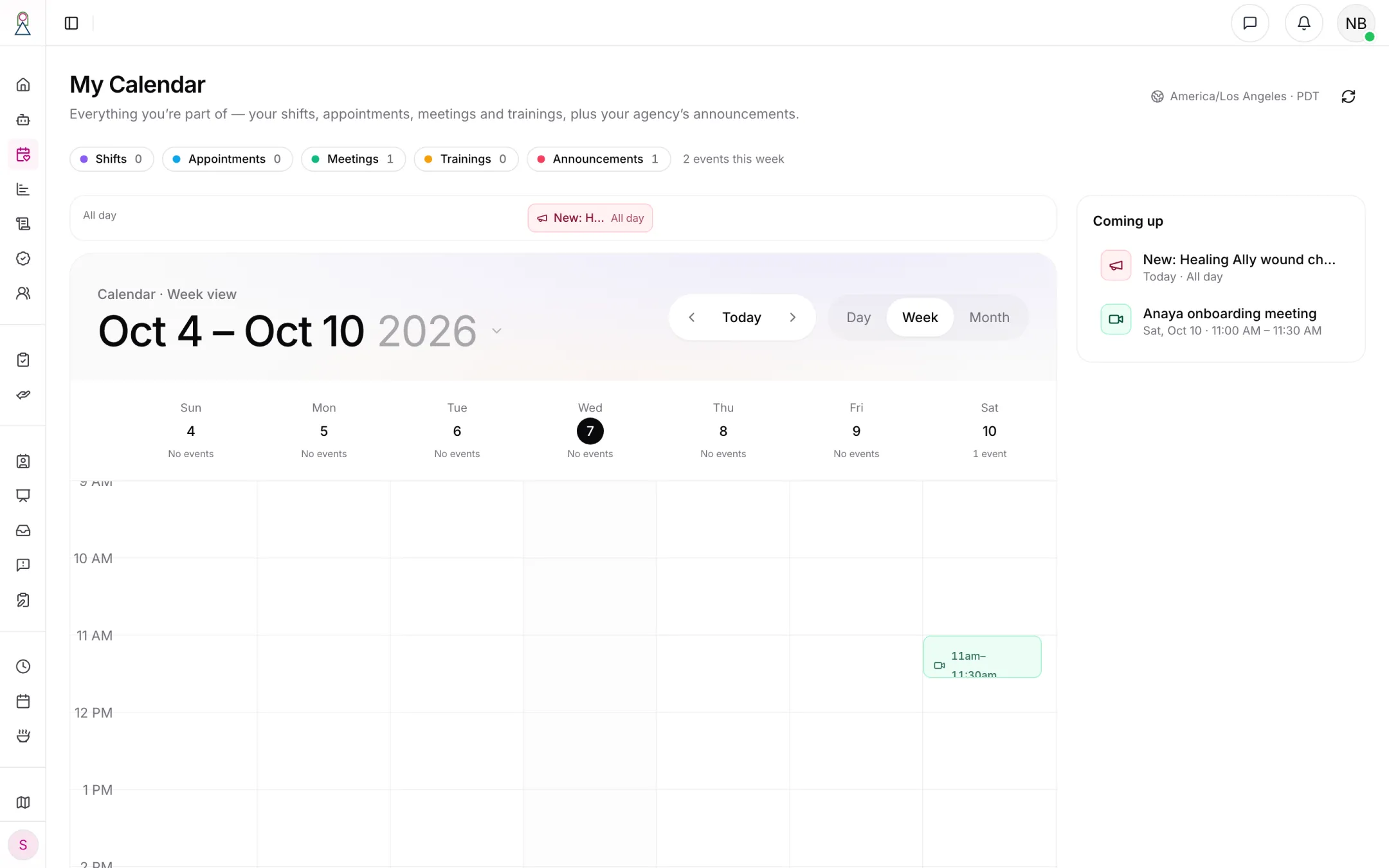 My Calendar's week view, with an all-day announcement in a row above the hours