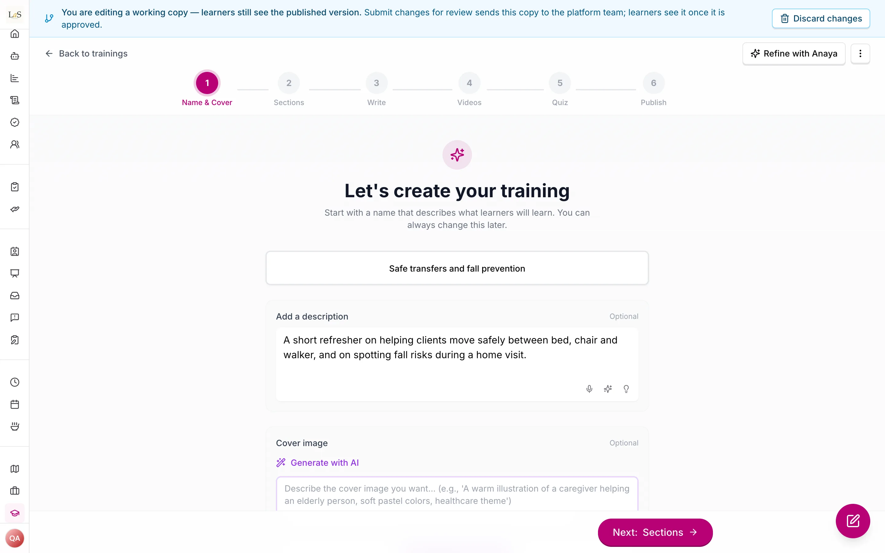 The editor on a published training's working copy, with the banner that learners still see the published version and a Discard changes button